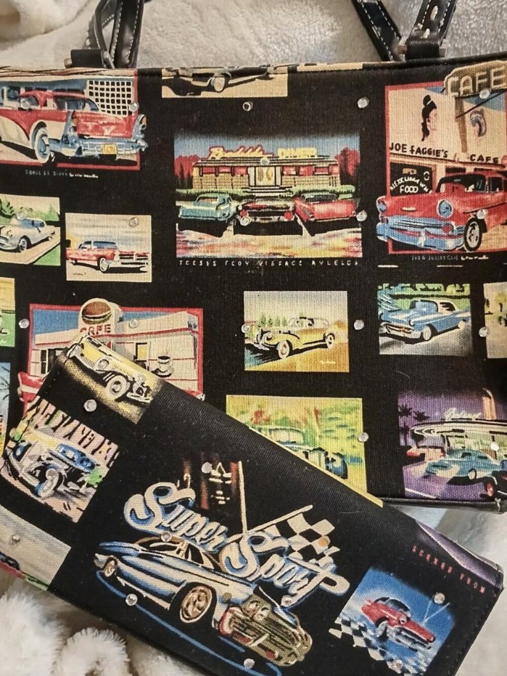 Vintage rhinestone Super Sport car print purse & wallet set